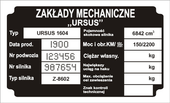 Tabliczka znamionowa URSUS C1604 z grawerem