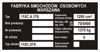 Tabliczka znamionowa Polski Fiat 125p 1300 (1967-1970)