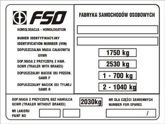 Tabliczka znamionowa Polski Fiat 125 (1981-1988) Pick Up