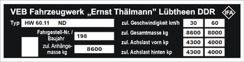 Tabliczka znamionowa do przyczep IFA HW 60.11