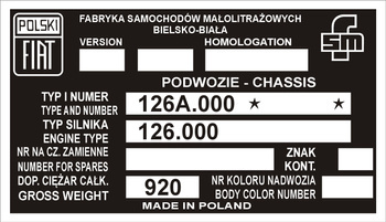 Tabliczka znamionowa Polski Fiat 126p tabliczka znamionowa VIN 126A.000