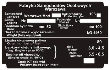 Tabliczka znamionowa FSO warszawa 201 (1962-964)