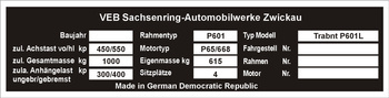 Tabliczka znamionowa Trabant 601L