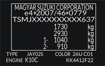 Naklejka tabliczka znamionowa do pojazdów Suzuki