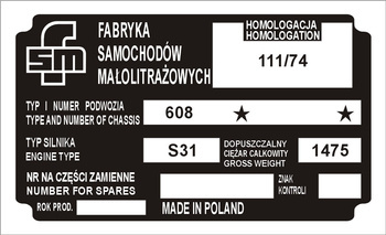Tabliczka znamionowa Syrena fsm bosto (typ 608, 175kg)