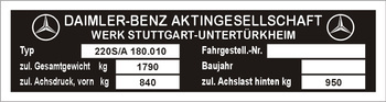 Tabliczka znamionowa Mercedes 220 S-A 180.010