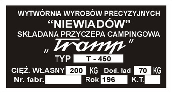 Tabliczka znamionowa, przyczepa campingowa Niewiadów Tramp T-450