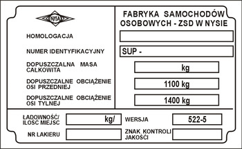 Tabliczka znamionowa Nysa 522-5 FSO-FSD VIN-SUP