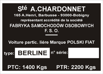 TabTabliczka znamionowa Polski Fiat 125p eksport Francja