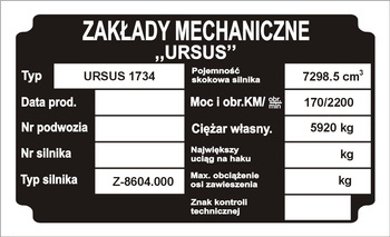 Tabliczka znamionowa URSUS 1734