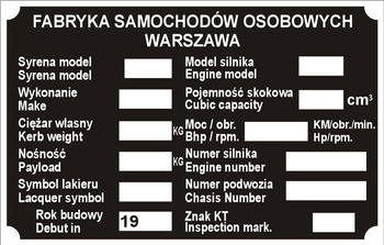 Tabliczka znamionowa Syrena fso 103 104