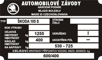 Tabliczka znamionowa Skoda 105 S