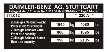 Tabliczka znamionowa Mercedes W111.012 typ 220 A