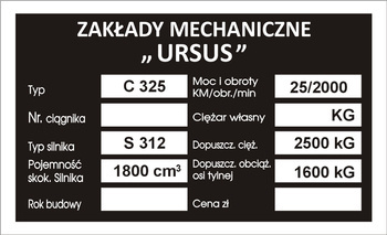 Tabliczka znamionowa URSUS C325 wzór II