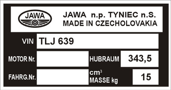 Tabliczka znamionowa Jawa 350 TS CZ czysta
