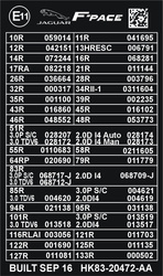 Naklejka informacyjna kody wyposażenia pojazdu marki Jaguar