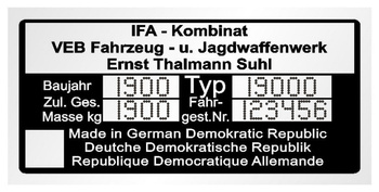 Tabliczka znamionowa do samochodów IFA Kombinat ze znakowaniem