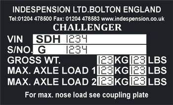 Tabliczka znamionowa do maszyn i przyczep marki Indespension Ltd z grawerem