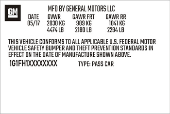 Tabliczka, naklejka znamionowa General Motors LLC