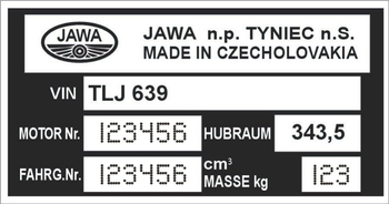 Tabliczka znamionowa Jawa 350 TS CZ z grawerem