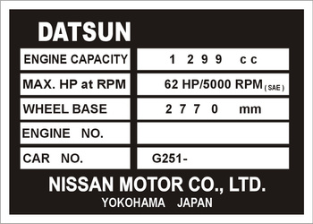 Tabliczka znamionowa Nissan Motor CO. LTD. Datsun