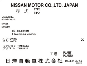 Tabliczka znamionowa Nissan Motor CO. LTD. Japan