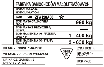 Tabliczka znamionowa Polski Fiat 126 p BIS VIN ZFA126A00, silnik 126A2.000
