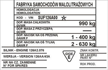 Tabliczka znamionowa Polski Fiat 126p BIS (wersja 126AA-43A)
