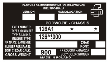 Tabliczka znamionowa Polski Fiat 126p VIN 126A1