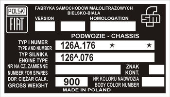 Tabliczka znamionowa Polski Fiat 126p tabliczka znamionowa VIN 126A.176