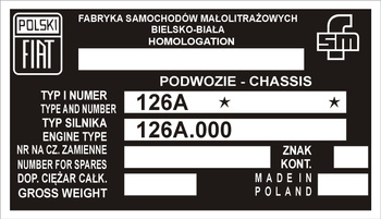 Tabliczka znamionowa Polski Fiat 126p tabliczka znamionowa VIN 126A
