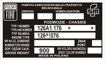 Tabliczka znamionowa Polski Fiat 126p tabliczka znamionowa VIN 126A1.176