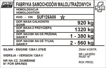 Tabliczka znamionowa Polski Fiat 126p tabliczka znamionowa VIN SUF126A00, wersja 126A.