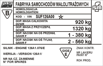 Tabliczka znamionowa Polski Fiat 126p (wersja 126A1) 1989-1991