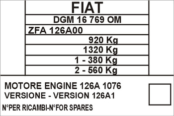 Tabliczka znamionowa Polski Fiat 126p wersja eksport ZFA126A00