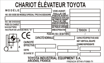 Tabliczka znamionowa Toyota Chariot Elevateur, wózek widłowy