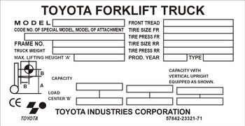 Tabliczka znamionowa Toyota forklift truck, wózek widłowy