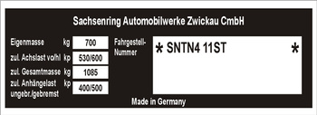 Tabliczka znamionowa Trabant 1.1 sedan
