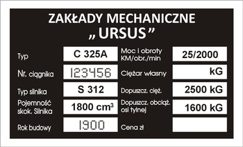 Tabliczka znamionowa URSUS C325A z grawerem