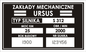 Tabliczka znamionowa URSUS na silnik S312 z grawerem