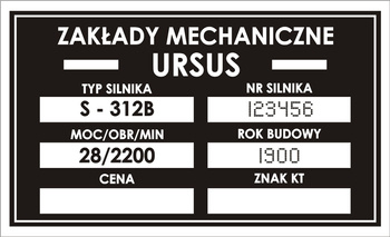 Tabliczka znamionowa URSUS na silnik S312B  z grawerem