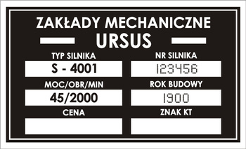 Tabliczka znamionowa URSUS na silnik S4001 z grawerem