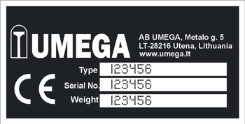 Tabliczka znamionowa do maszyn i urządzeń marki UMEGA z grawerem