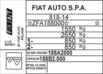 Tabliczka znamionowa do pojazdów FIAT Auto S.P.A.