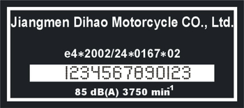 Tabliczka znamionowa do skuterów i motocykli Jiangmen Dihao Motorcycle Co. Ltd. z grawerem