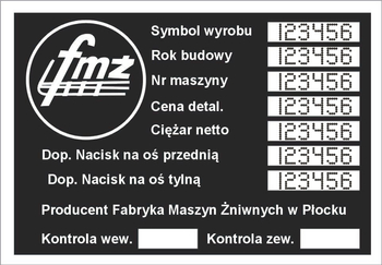 Tabliczka znamionowa kombajn BIZON fabryka maszyn żniwnych FMŻ z grawerem