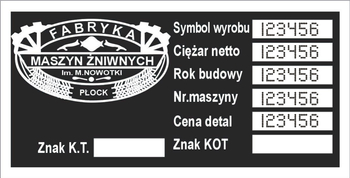 Tabliczka znamionowa kombajn BIZON fabryka maszyn żniwnych im M.Nowotki z grawerem