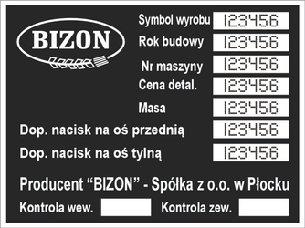 Tabliczka znamionowa kombajn BIZON fabryka maszyn żniwnych z grawerem