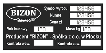Tabliczka znamionowa na kombajn BIZON z grawerem